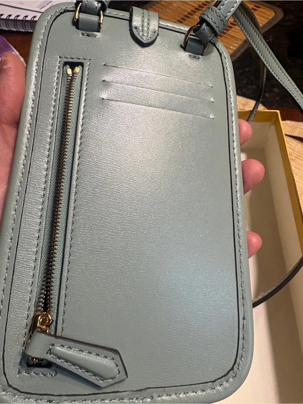 Fendi O’Lock Leather Phone Pouch Crossbody Mint Green Box Dust Bag